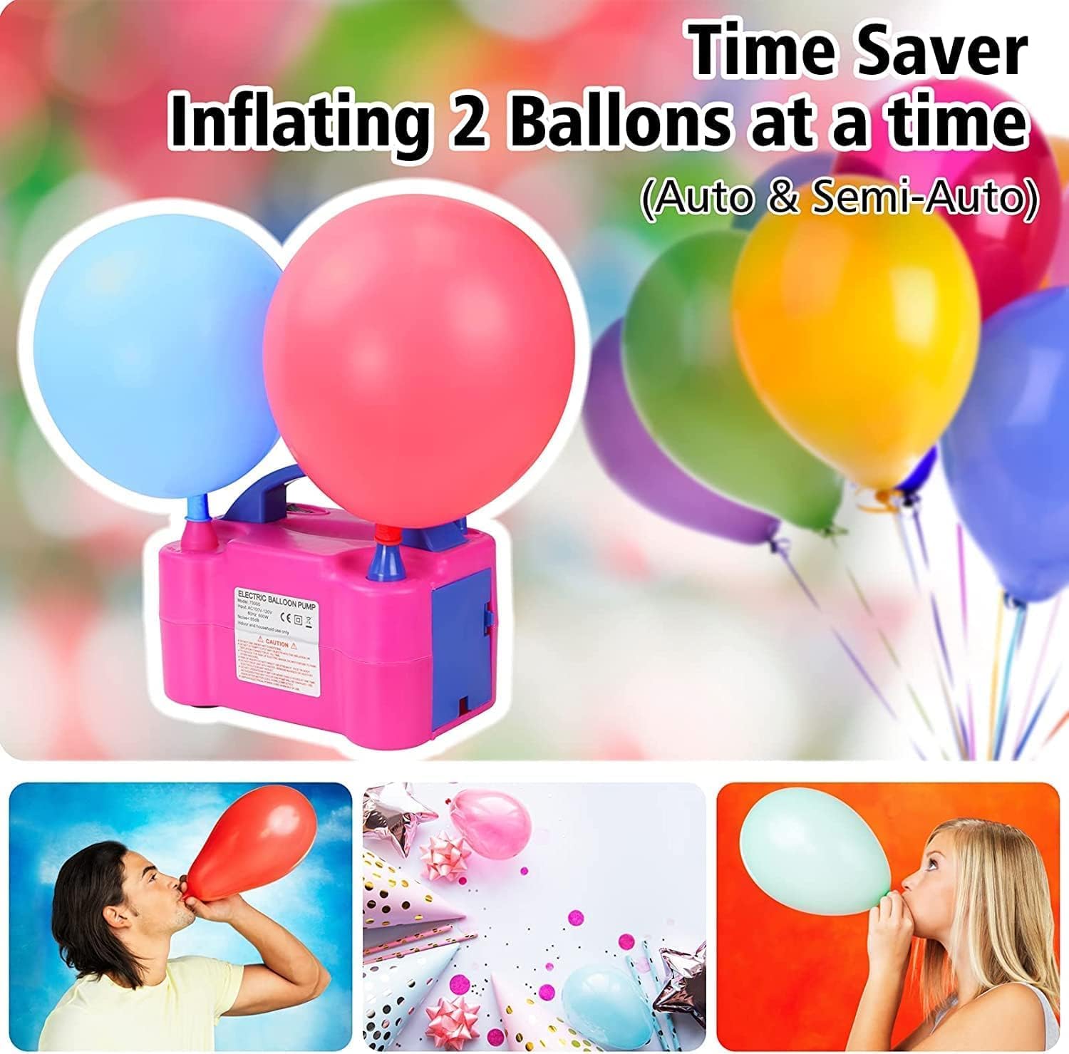 Pompa elettrica per palloncini con 2+2 ugelli, 2 modalità di funzionamento Gonfiaggio intelligente, 220 Volt 600 Watt, adatto per feste, matrimoni, decorazioni di compleanno