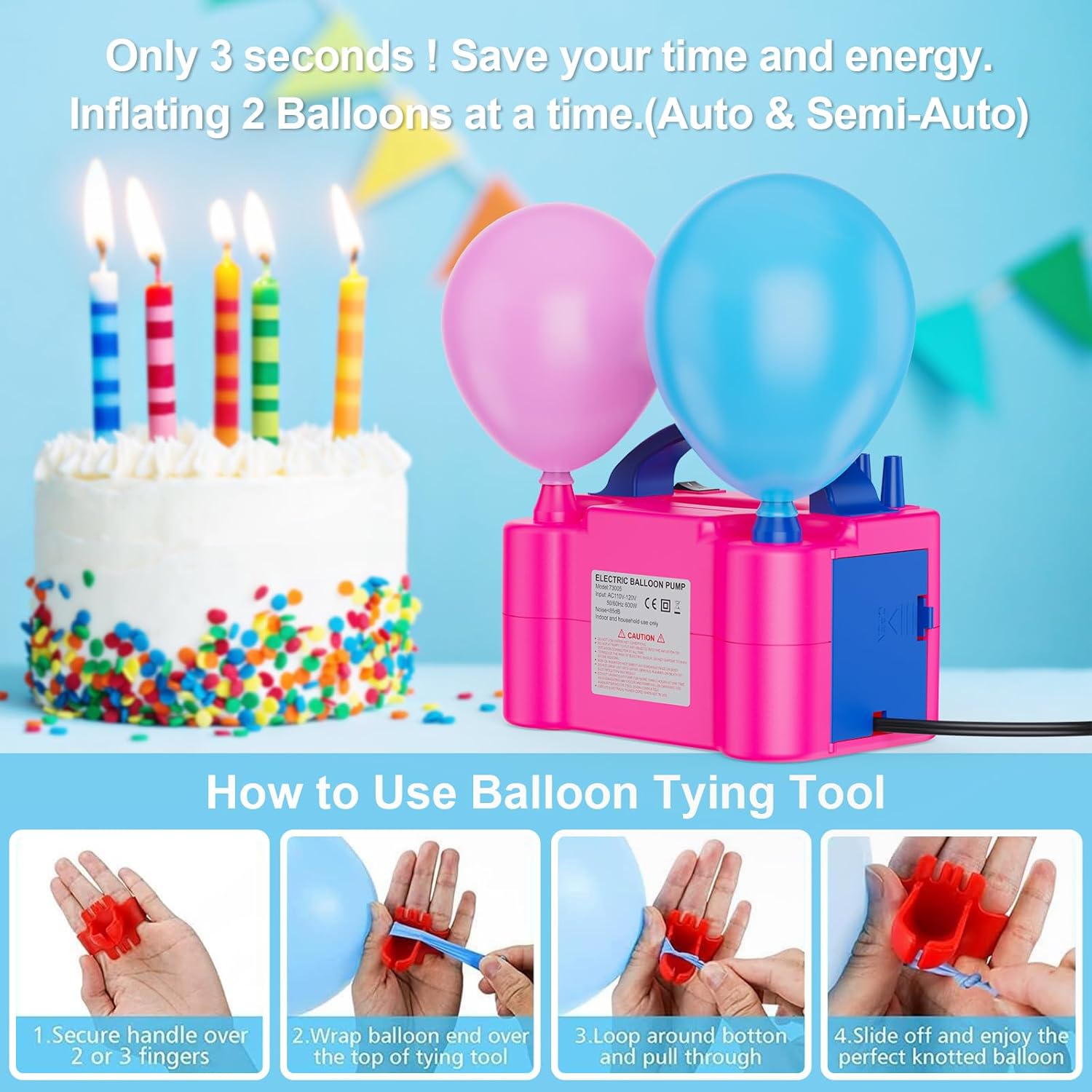 Pompa elettrica per palloncini con 2+2 ugelli, 2 modalità di funzionamento Gonfiaggio intelligente, 220 Volt 600 Watt, adatto per feste, matrimoni, decorazioni di compleanno
