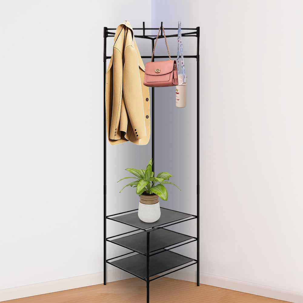 Appendiabiti angolare  Black Metal Corner Clothes Rack with 3 Shelves 