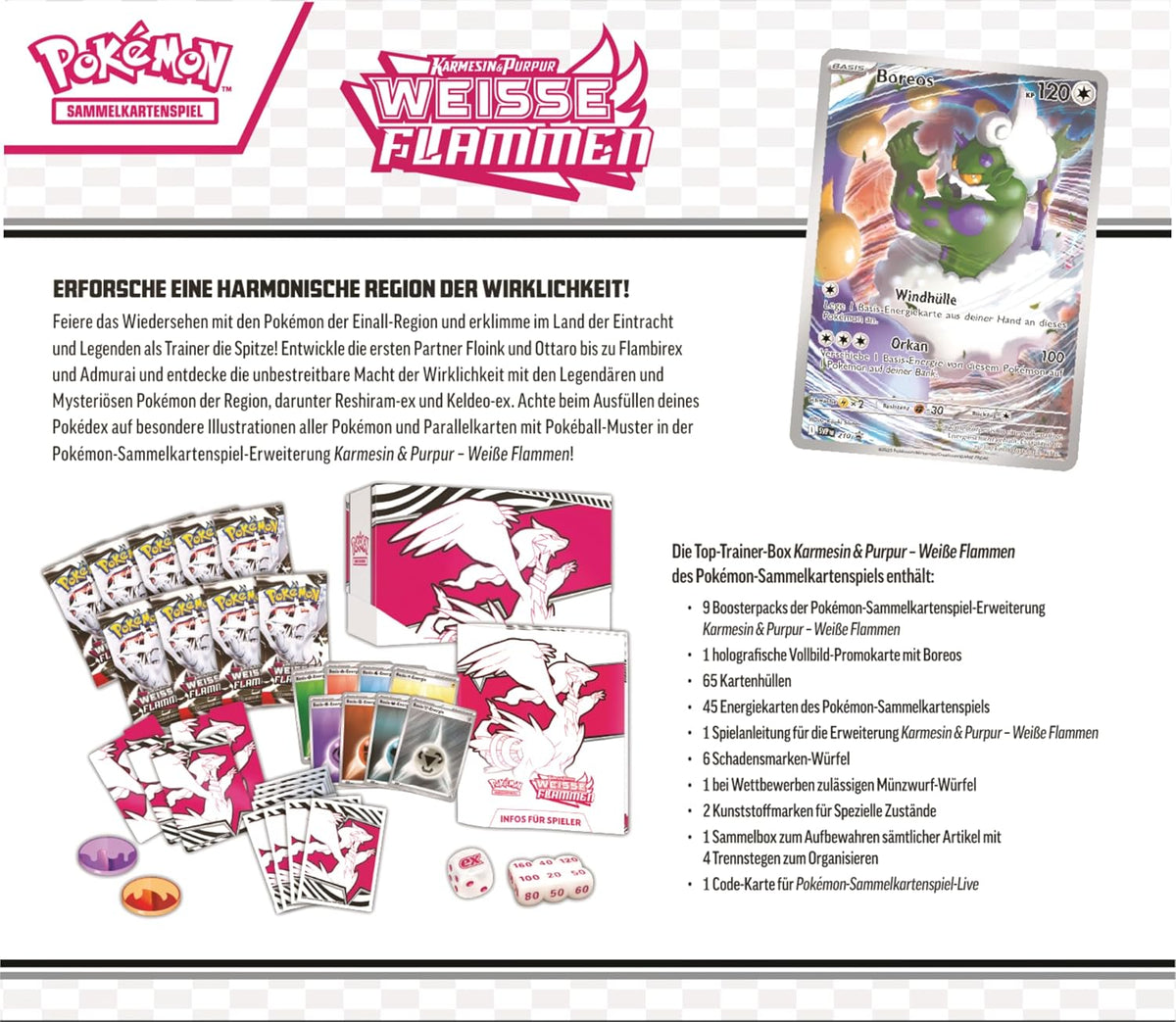 Pokémon - Gioco di carte collezionabili: Top Trainer Box Karmesin & Viola – Fiamme bianche: Reshiram (1 carta promozionale a schermo intero con Boreos, 9 buste di espansione e accessori premium)