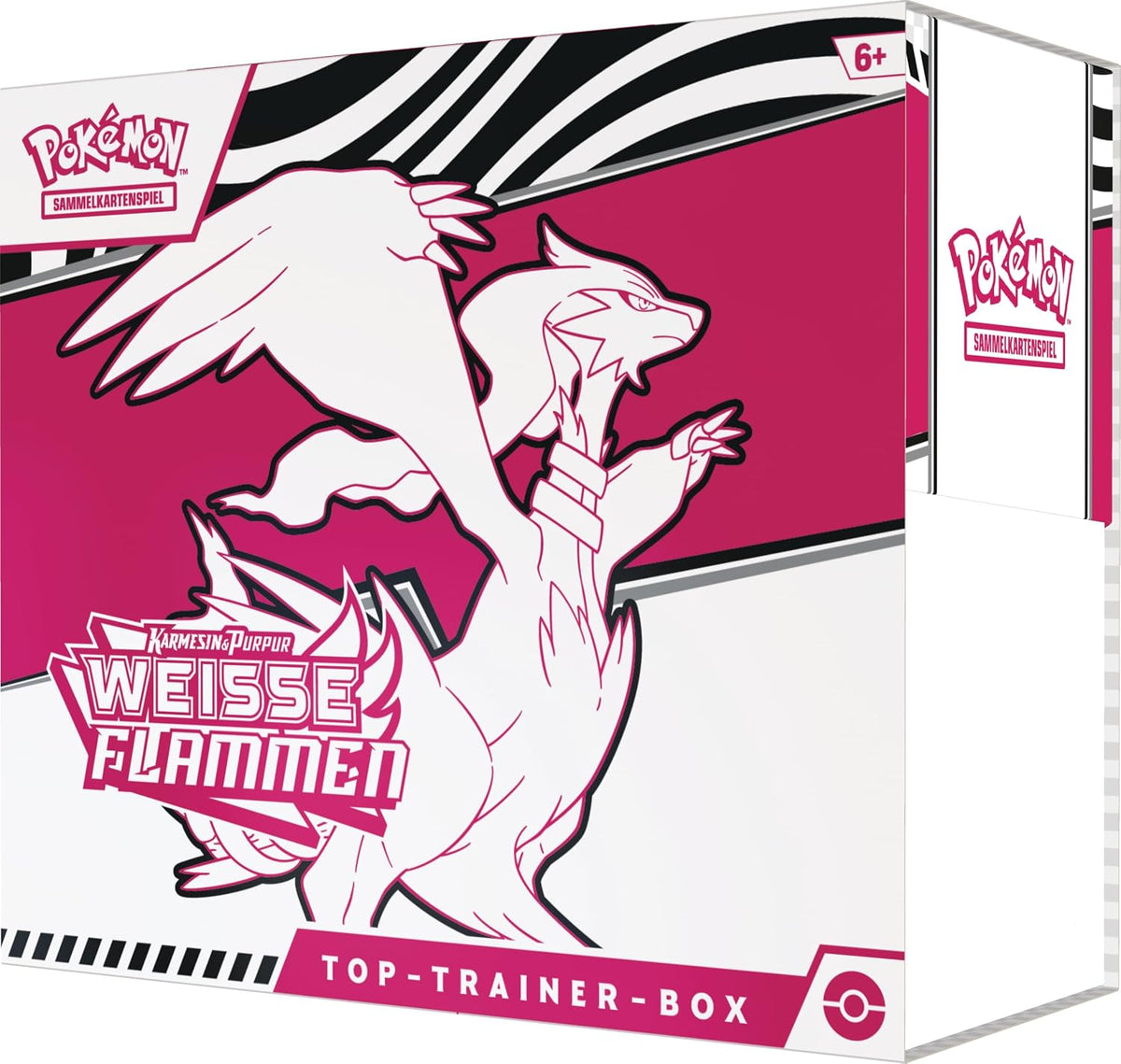 Pokémon - Gioco di carte collezionabili: Top Trainer Box Karmesin & Viola – Fiamme bianche: Reshiram (1 carta promozionale a schermo intero con Boreos, 9 buste di espansione e accessori premium)