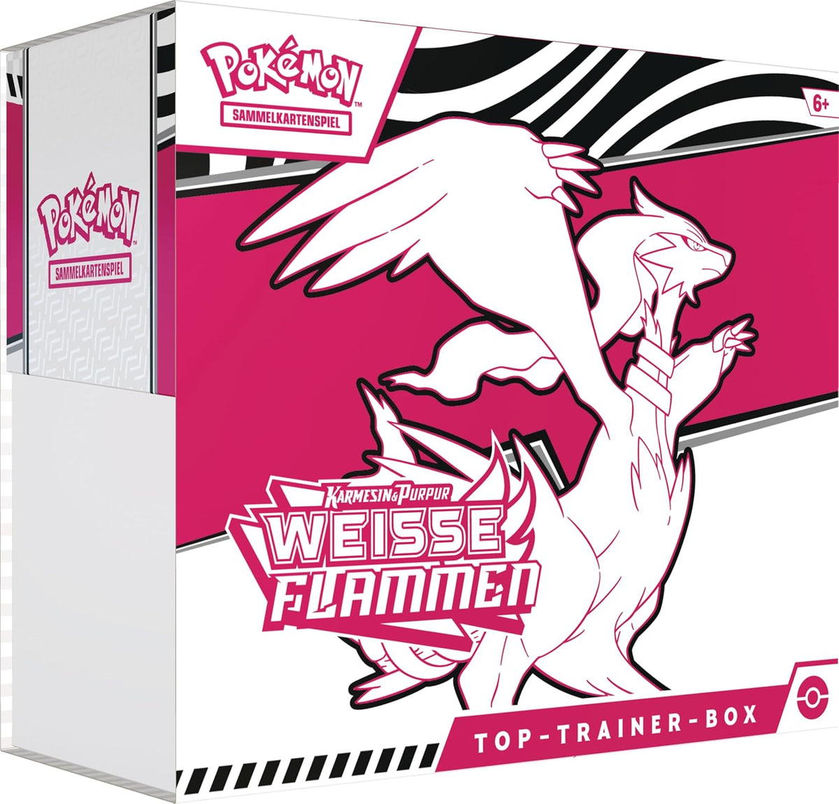 Pokémon - Gioco di carte collezionabili: Top Trainer Box Karmesin & Viola – Fiamme bianche: Reshiram (1 carta promozionale a schermo intero con Boreos, 9 buste di espansione e accessori premium)