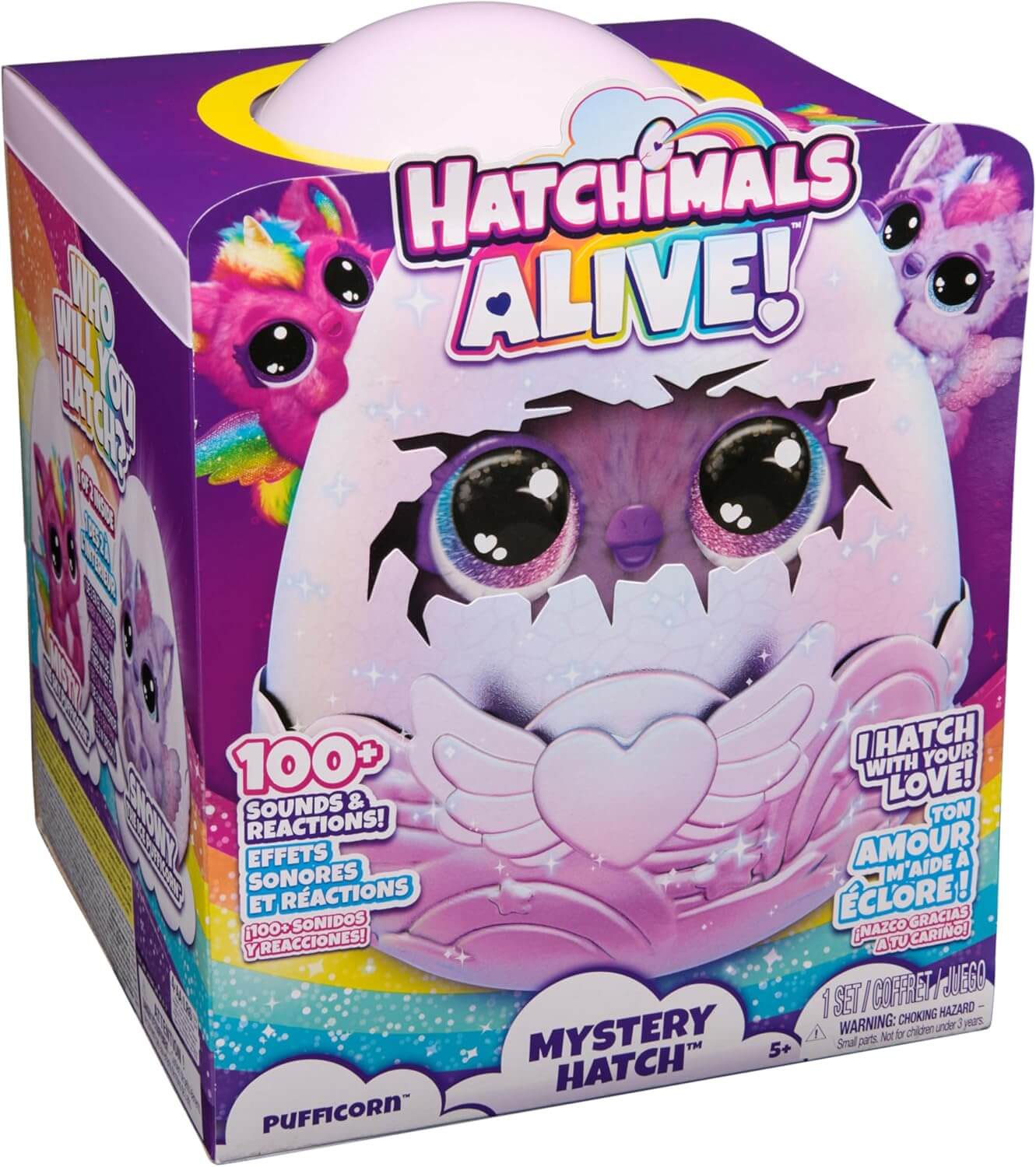 HATCHIMALS Alive, Uovo Mystery Hatch Pufficorn, Peluche Interattivo a Sorpresa con Effetti Speciali, Nebbia, Luci, 100 Reazioni e Suoni, Giocattoli per Bambini e Bambine, 5+ Anni - Modelli Variabili