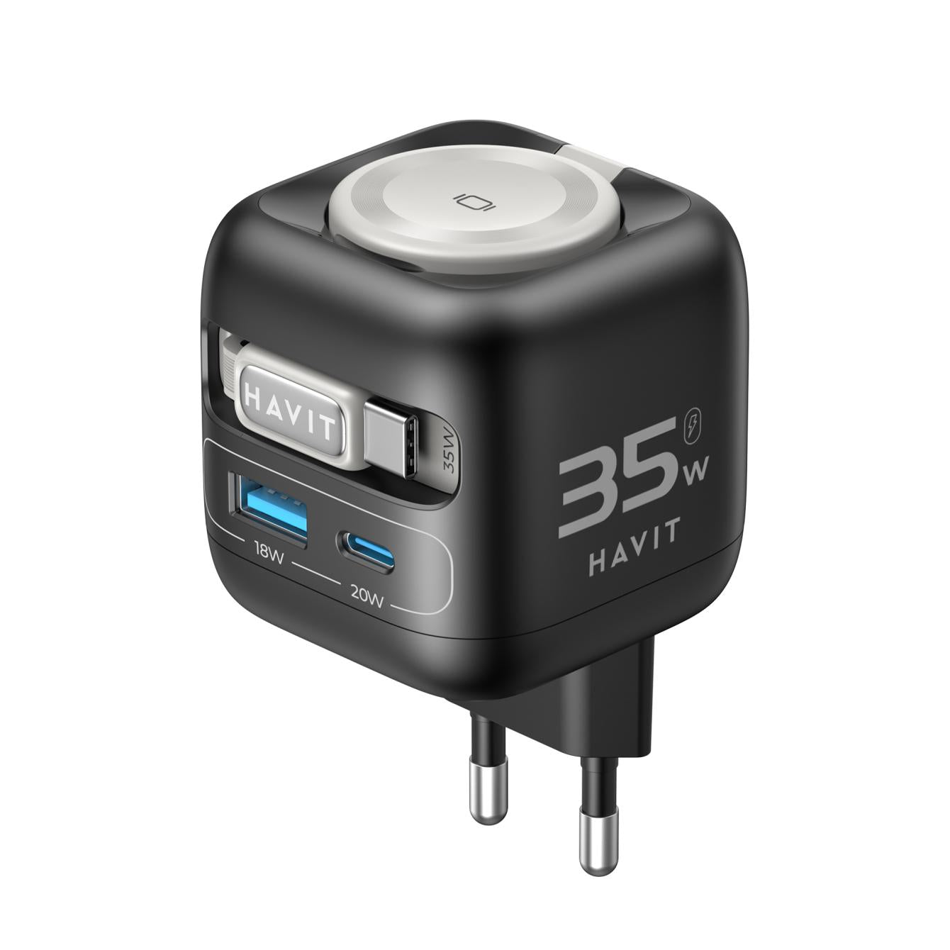HAVIT Travel Charger UC250 GaN 35W USB-A+USB-C con Cavo USB-C e Caricatore per Orologio Modello UC250 GaN Potenza 35W Porte USB-A e USB-C