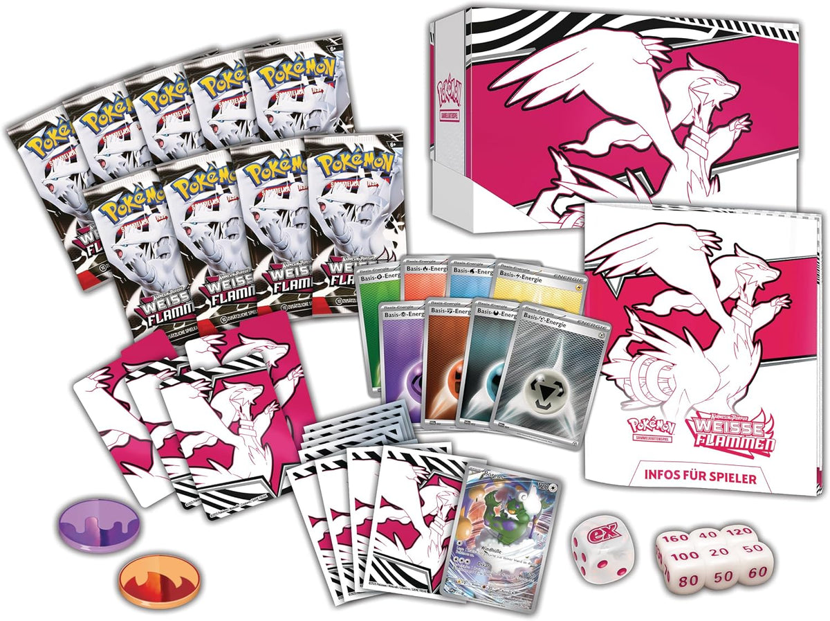Pokémon - Gioco di carte collezionabili: Top Trainer Box Karmesin & Viola – Fiamme bianche: Reshiram (1 carta promozionale a schermo intero con Boreos, 9 buste di espansione e accessori premium)