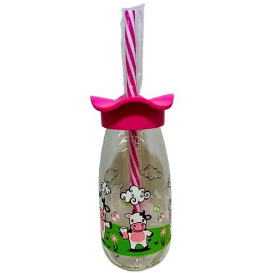 Bottiglia vetro con cannuccia - fucsia
