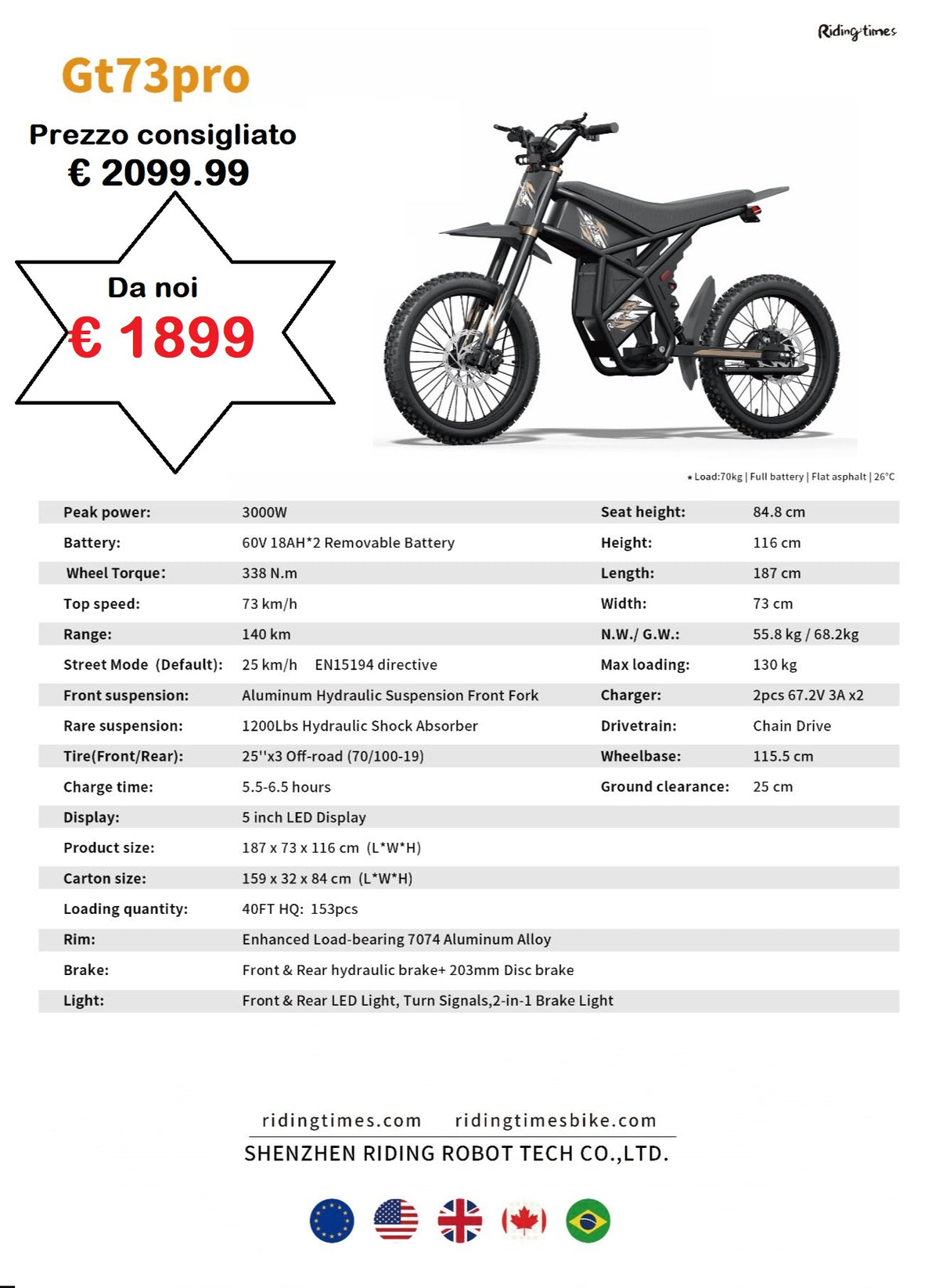 Bici Moto Elettrica GT73 PRO | 3000W, Batteria Estraibile, Motocicletta Off-Road