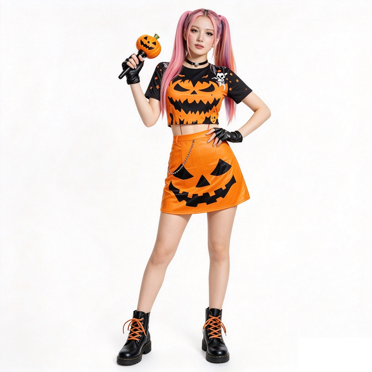 Costume Donna Zucca Halloween Stile K-Pop | Crop Top + Gonna + Catena Taglia S
