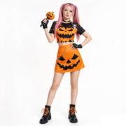 Costume Donna Zucca Halloween Stile K-Pop | Crop Top + Gonna + Catena Taglia S