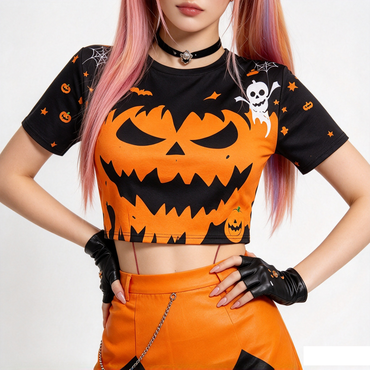 Costume Donna Zucca Halloween Stile K-Pop | Crop Top + Gonna + Catena Taglia S
