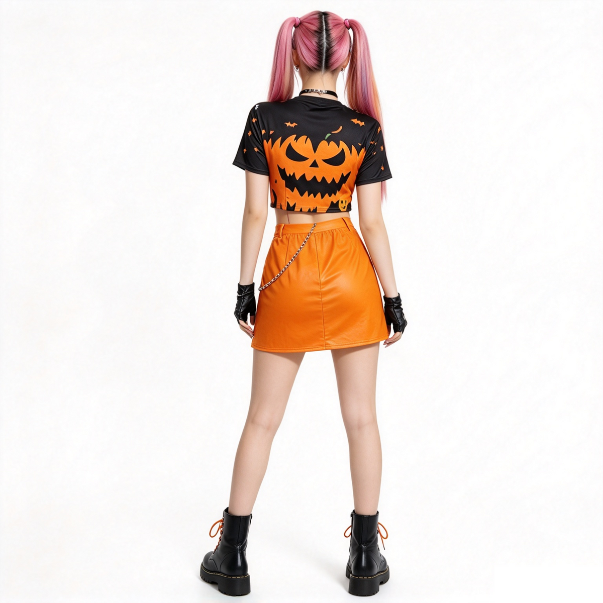 Costume Donna Zucca Halloween Stile K-Pop | Crop Top + Gonna + Catena Taglia S