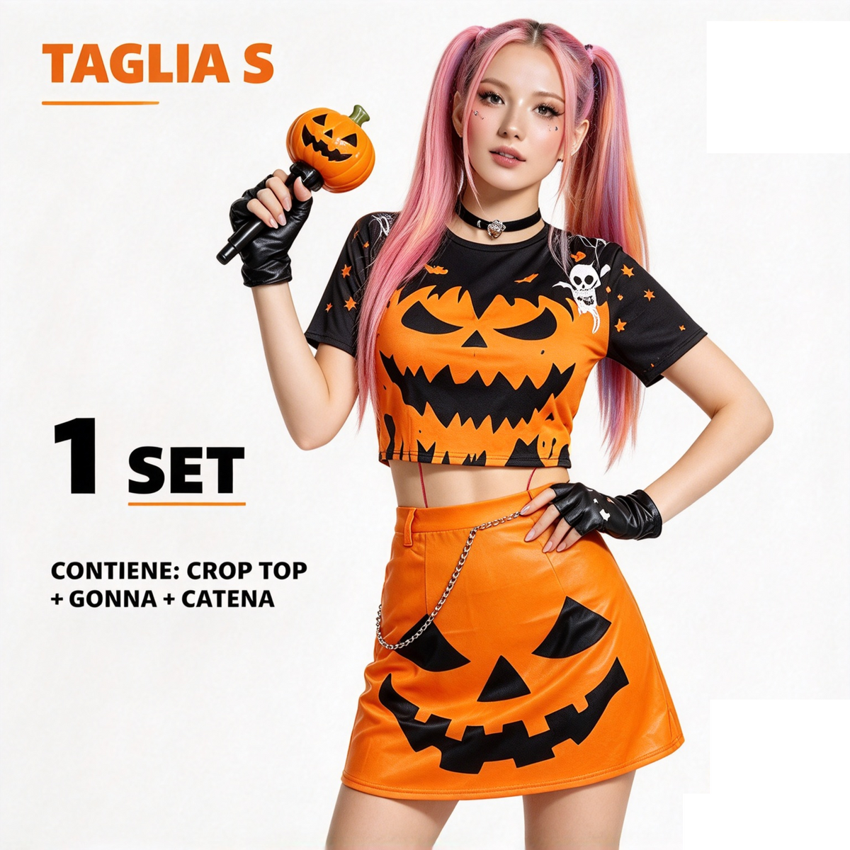 Costume Donna Zucca Halloween Stile K-Pop | Crop Top + Gonna + Catena Taglia S