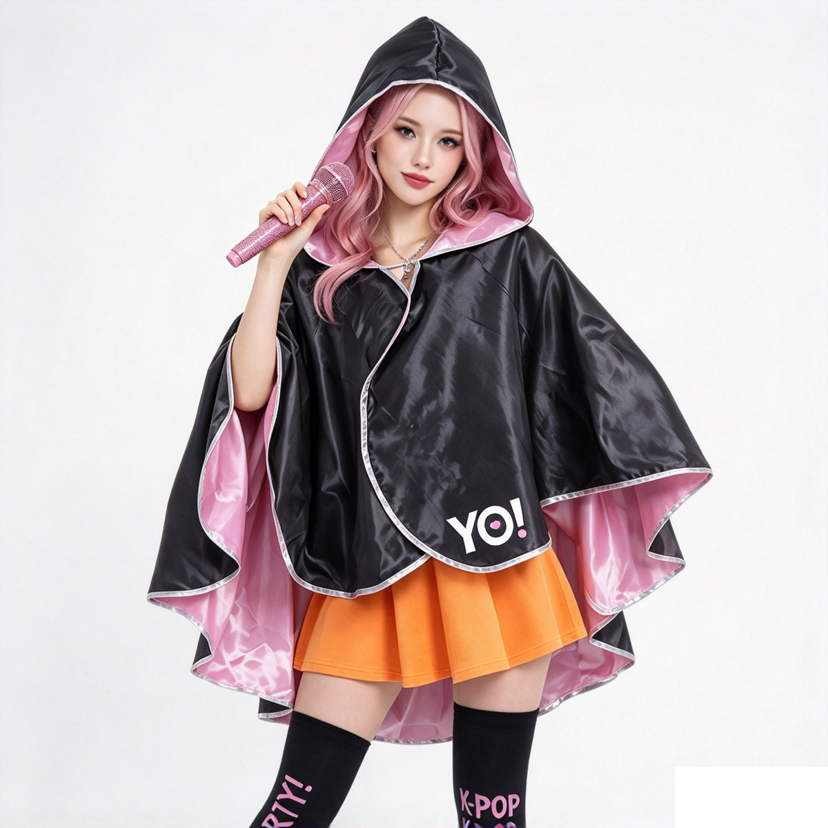 Capa Yo! K-Pop Pink 90 cm | Mantella Nera Rosa per Feste e Cosplay