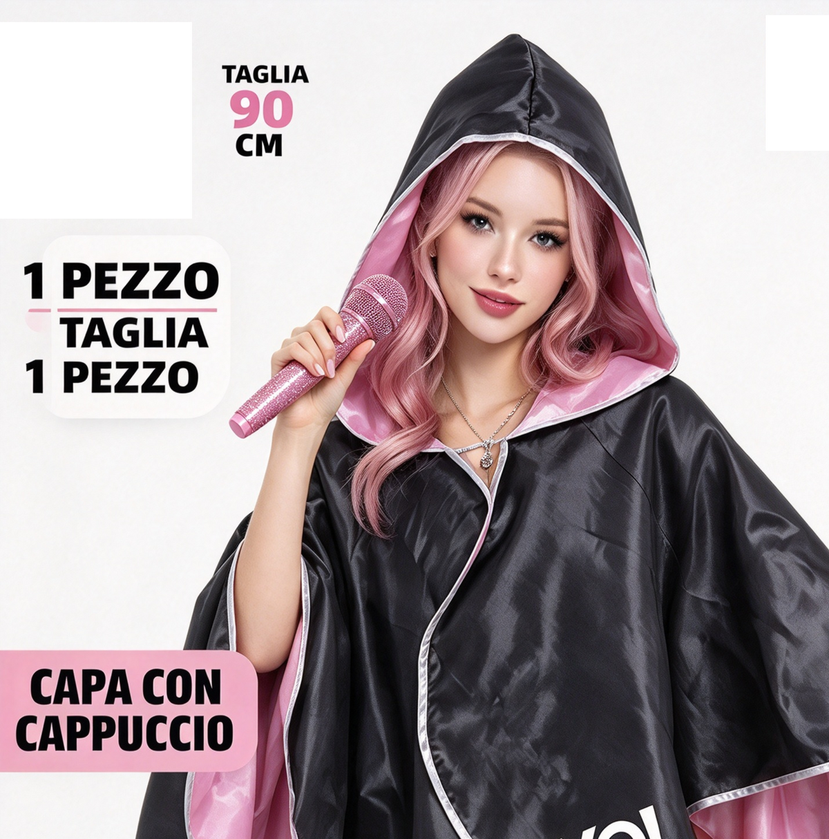 Capa Yo! K-Pop Pink 90 cm | Mantella Nera Rosa per Feste e Cosplay