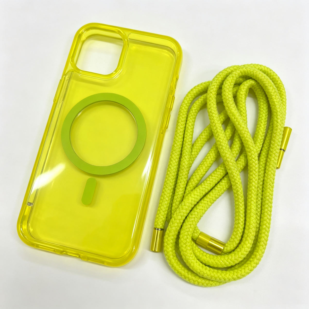Cover iPhone 13 Giallo Fluorescente con Cordino a Tracolla, Custodia Magnetica Compatibile MagSafe
