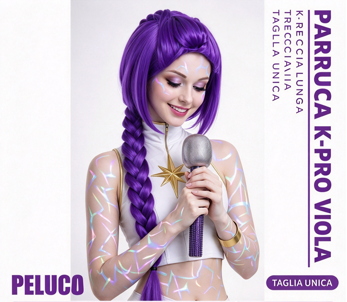 Parrucca K-Pop Pro Viola con Treccia Lunga | Peluca Cosplay Halloween Donna