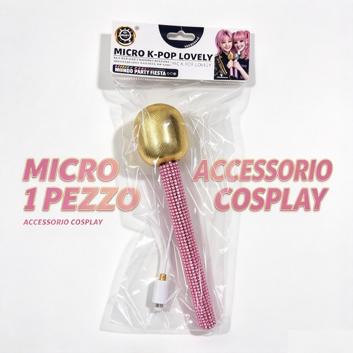 Microfono Finto K‑Pop Lovely Oro e Rosa Strass | Accessorio Cosplay Feste