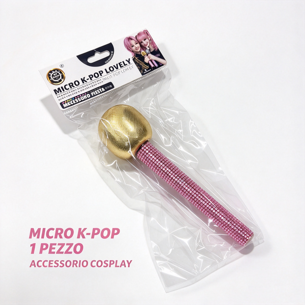 Microfono Finto K‑Pop Lovely Oro e Rosa Strass | Accessorio Cosplay Feste