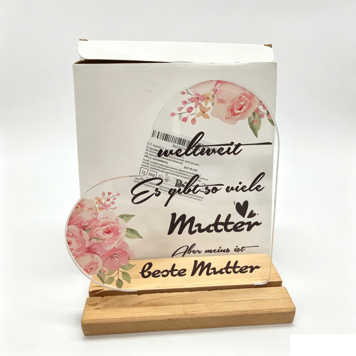 Targa Acrilica Rotonda con Base Legno, Scritta Tedesca "Beste Mutter", Regalo Festa della Mamma