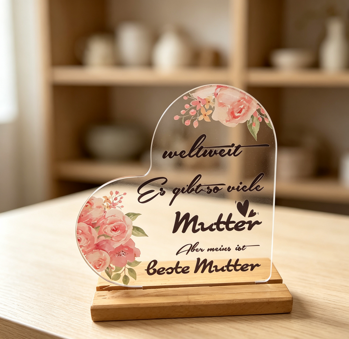 Targa Acrilica Rotonda con Base Legno, Scritta Tedesca "Beste Mutter", Regalo Festa della Mamma