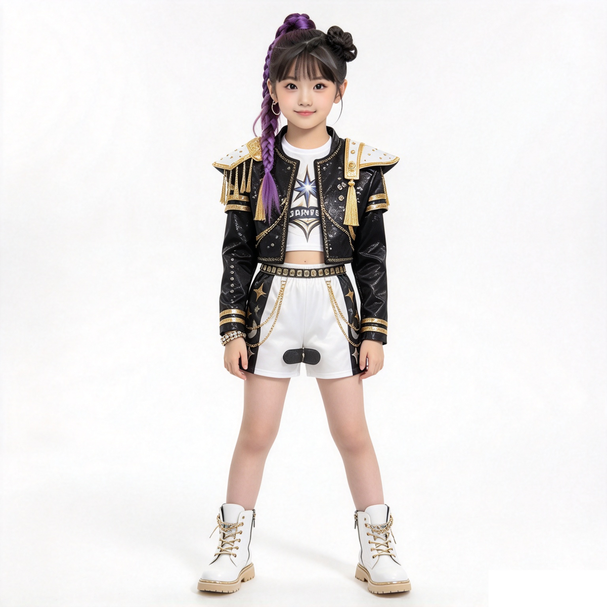 Costume K-Pop Dance Huntrix Bambina 7-9 anni | Outfit Idol Nero Bianco Oro