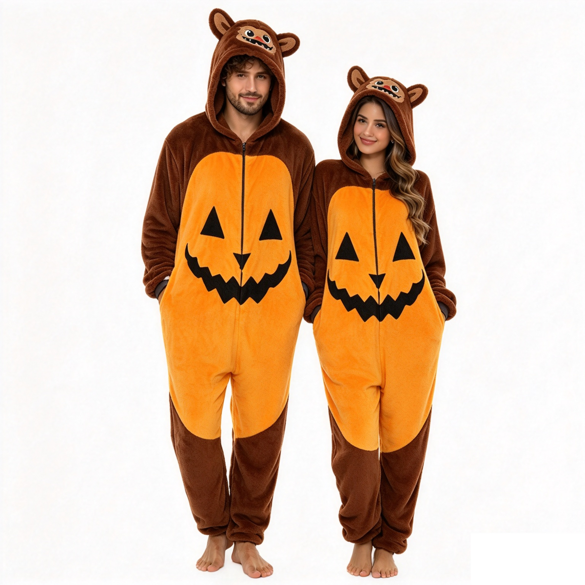 Vivi la magia di Halloween con questa tuta pigiama in peluche super morbida, ideale per feste in maschera, serate a tema o serate relax a casa.