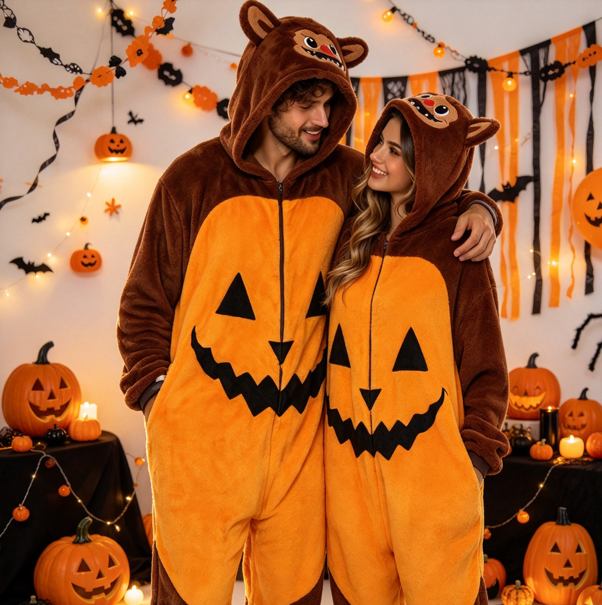 Vivi la magia di Halloween con questa tuta pigiama in peluche super morbida, ideale per feste in maschera, serate a tema o serate relax a casa.