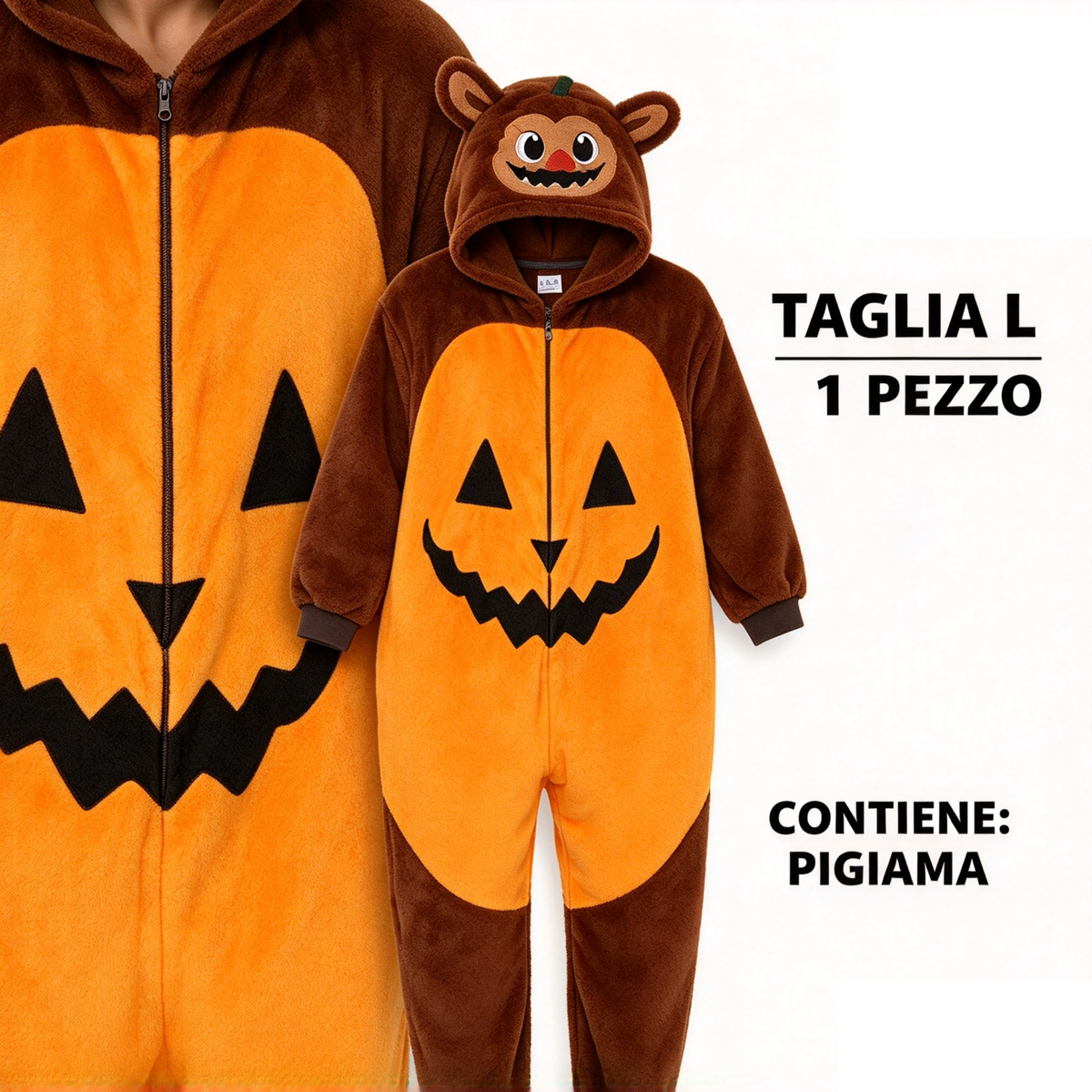 Vivi la magia di Halloween con questa tuta pigiama in peluche super morbida, ideale per feste in maschera, serate a tema o serate relax a casa.