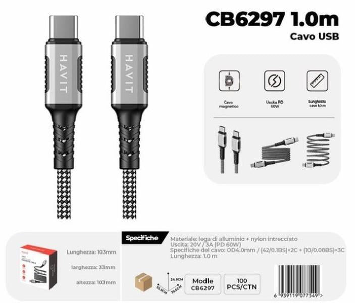 Havit Cable USB CB6297 Serie Móvil 1 metro con carga PD de 60 W y diseño magnético