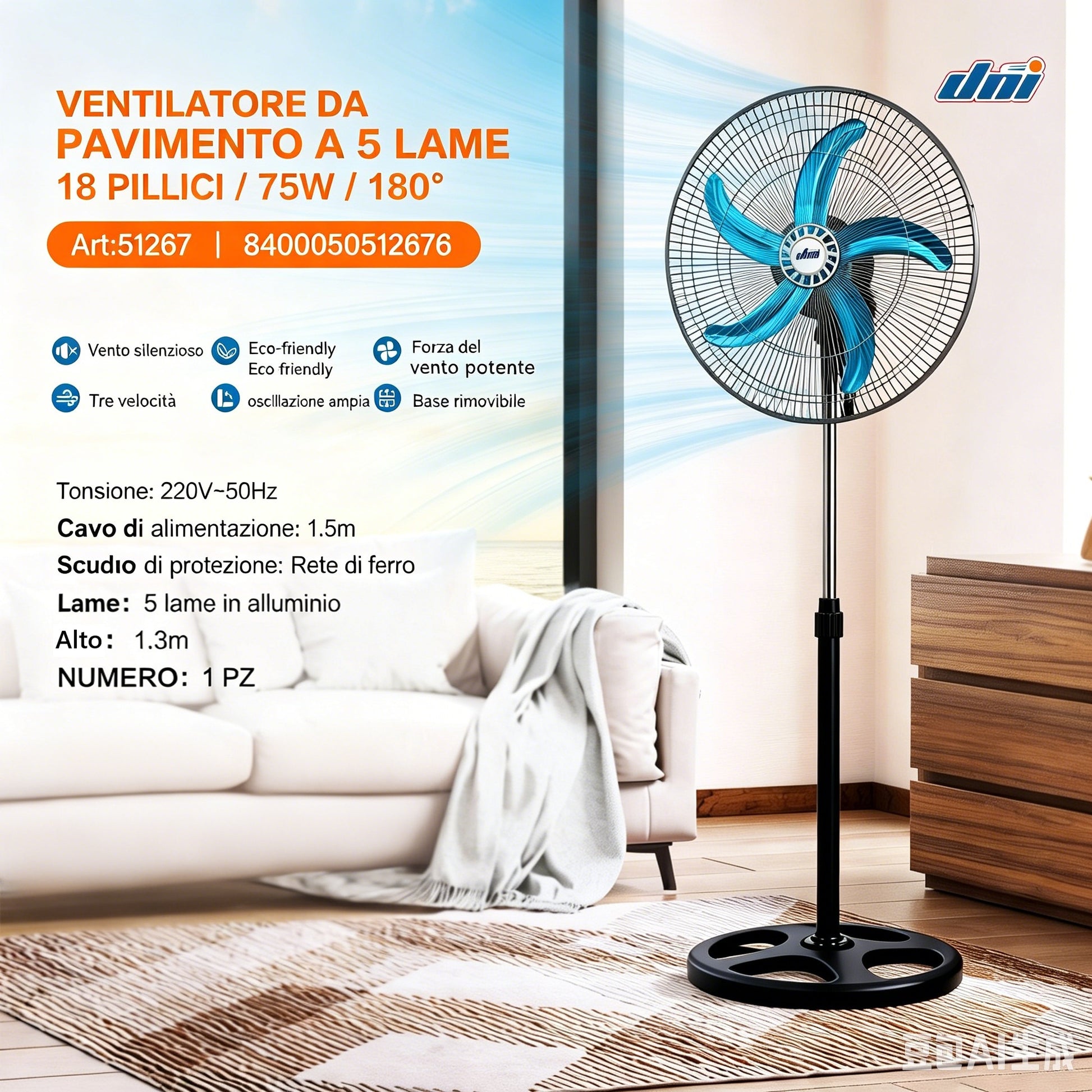 VENTILATORE A PIANTANA 5 PALE IN ALLUMINIO UNI