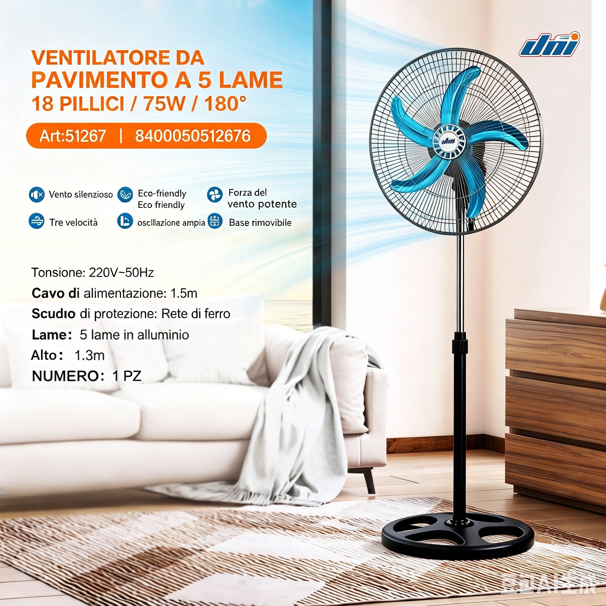 VENTILATORE A PIANTANA 5 PALE IN ALLUMINIO UNI